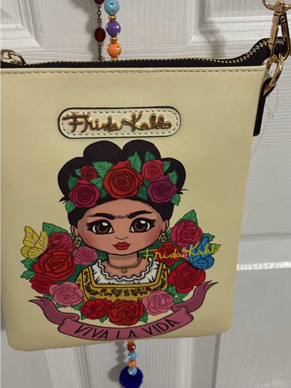Frida Kahlo Cream Crossbody Bag with Floral Illustration